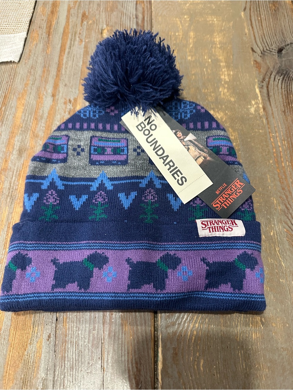 Stranger Things Hat Pom Beanie No Boundaries Cassette Tape Dogs Purple NWT